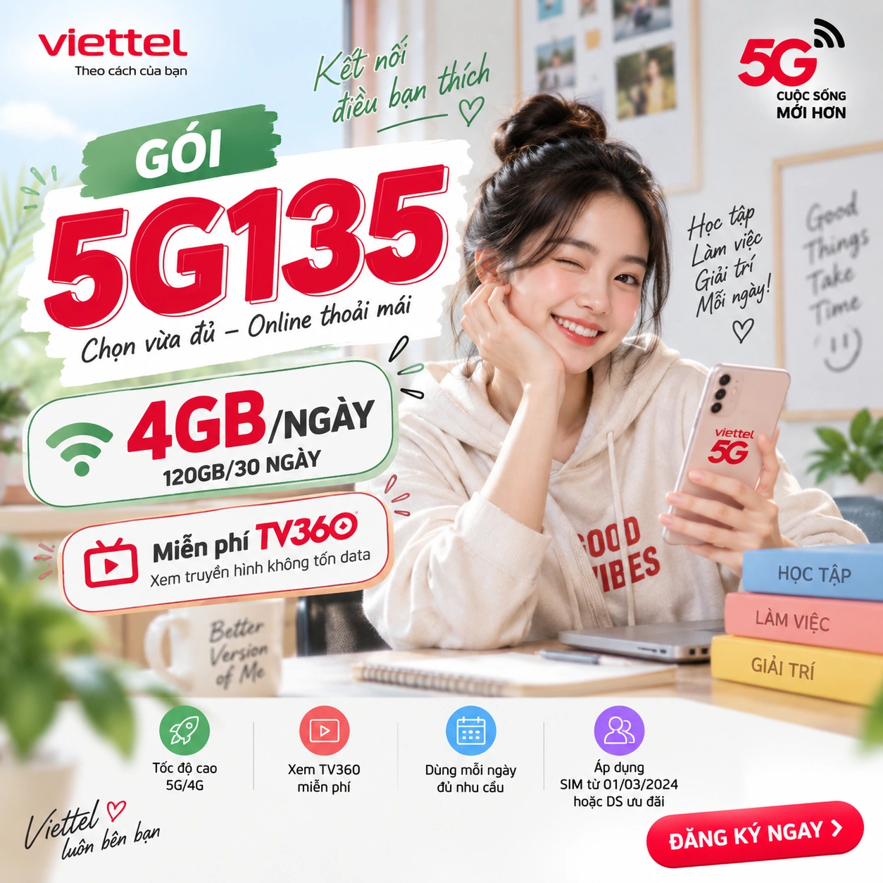 Gói 5G135 Viettel 135.000đ 4GB mỗi ngày