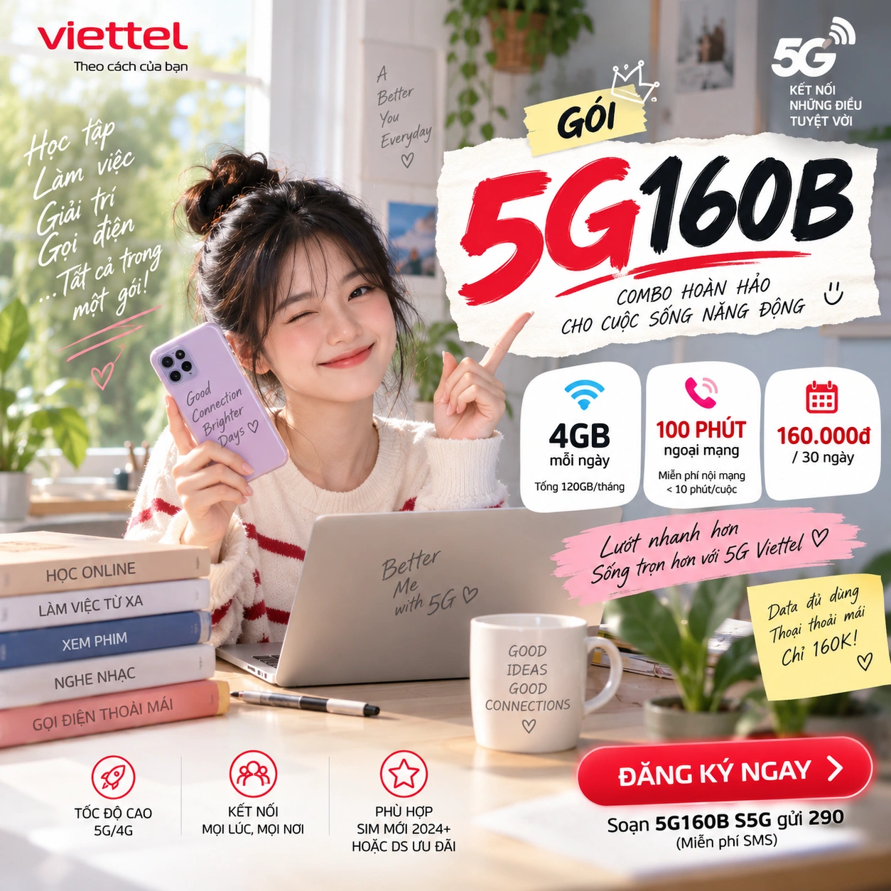 Gói 5G160B Viettel 160.000đ 4GB mỗi ngày và 100 phút ngoại mạng