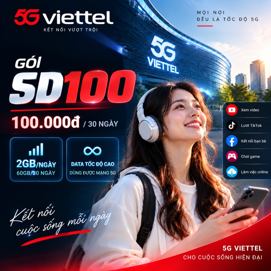 Gói SD100 Viettel – 100K Có 2GB/Ngày, Dùng Được Mạng 5G